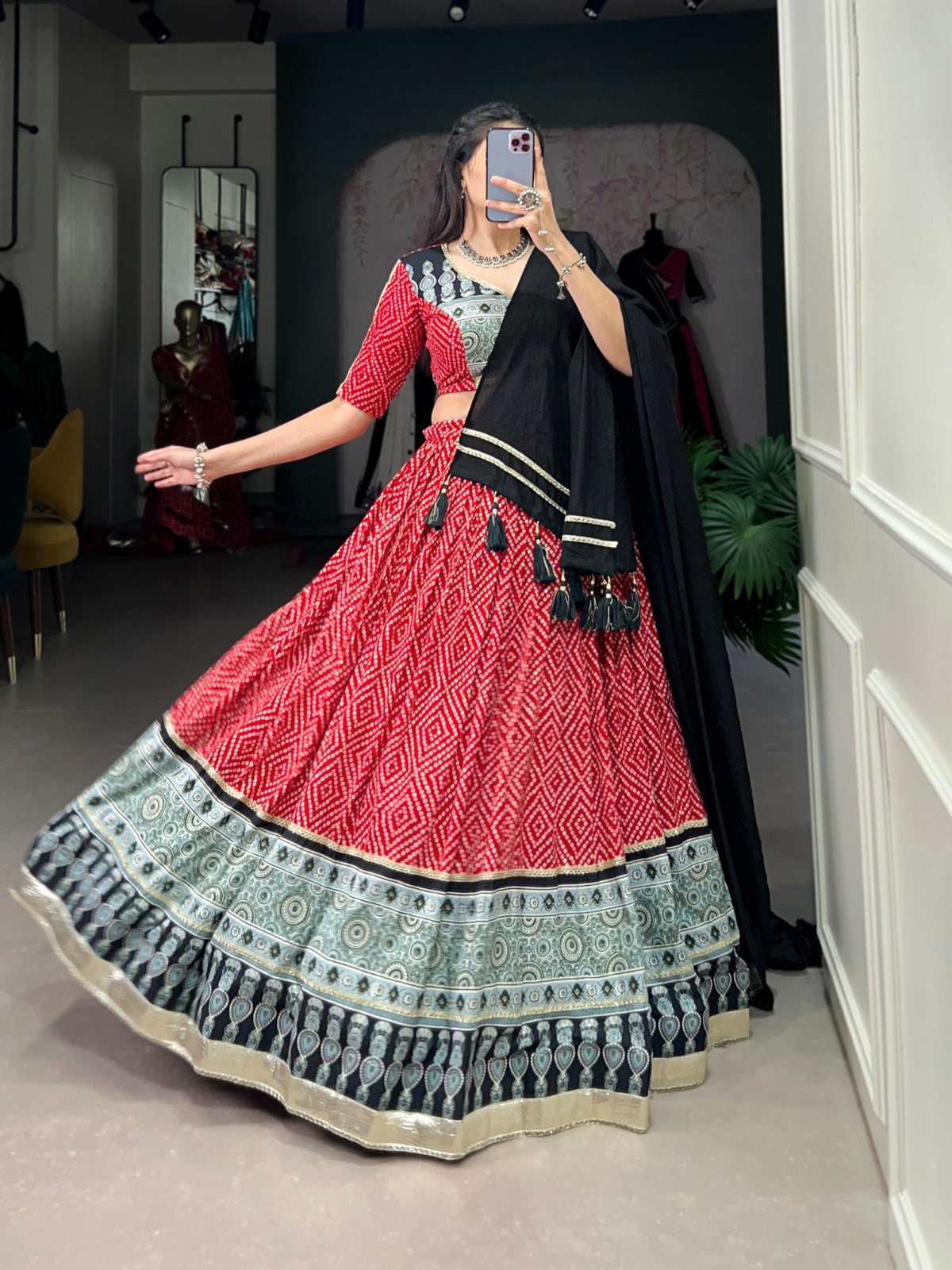 Lorenvalley Red Rayon with Bandhej And Ajarakh Print With Embossed Design Gota Lace Touch up Lehenga Choli - Distacart