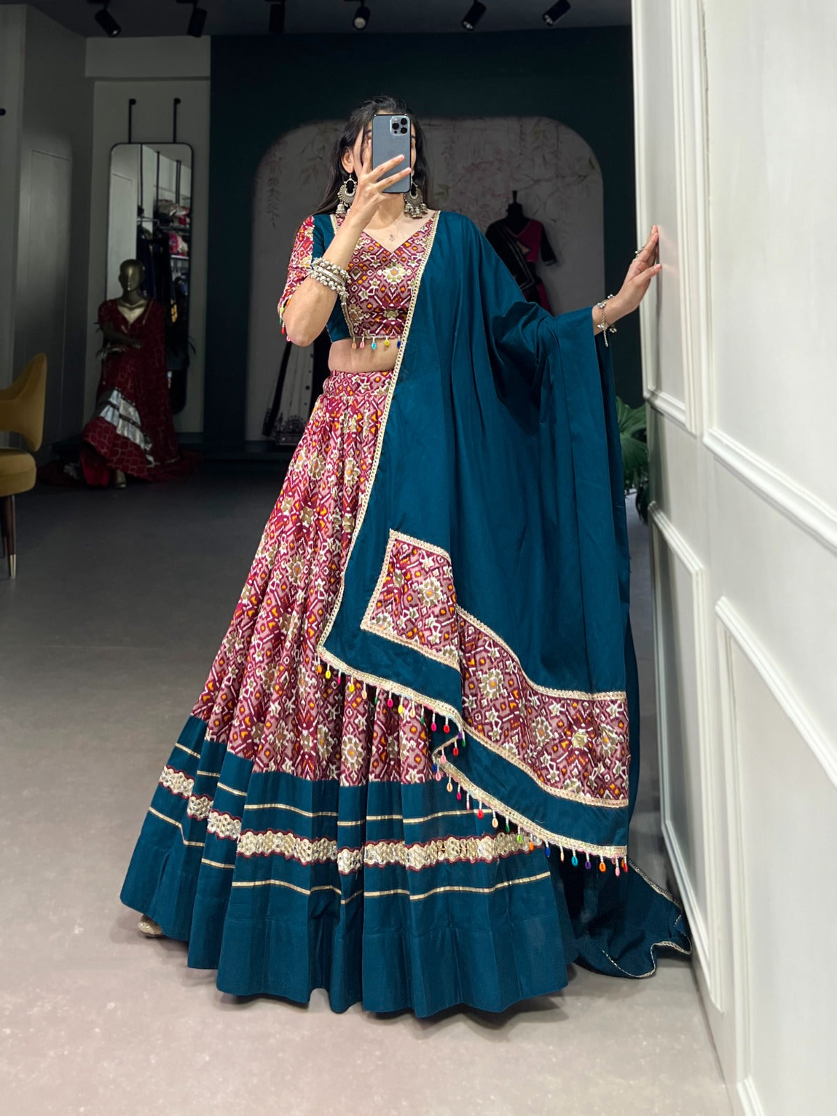 Lorenvalley Red Dola Silk and Rayon with Printed With Foil Work And Lace Touch Up Lehenga Choli - Distacart