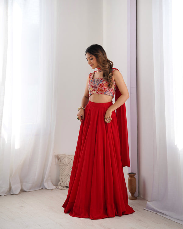 Lorenvalley Red Faux Georgette Stitched Lehenga Embroidery Blouse with Dupatta - Distacart