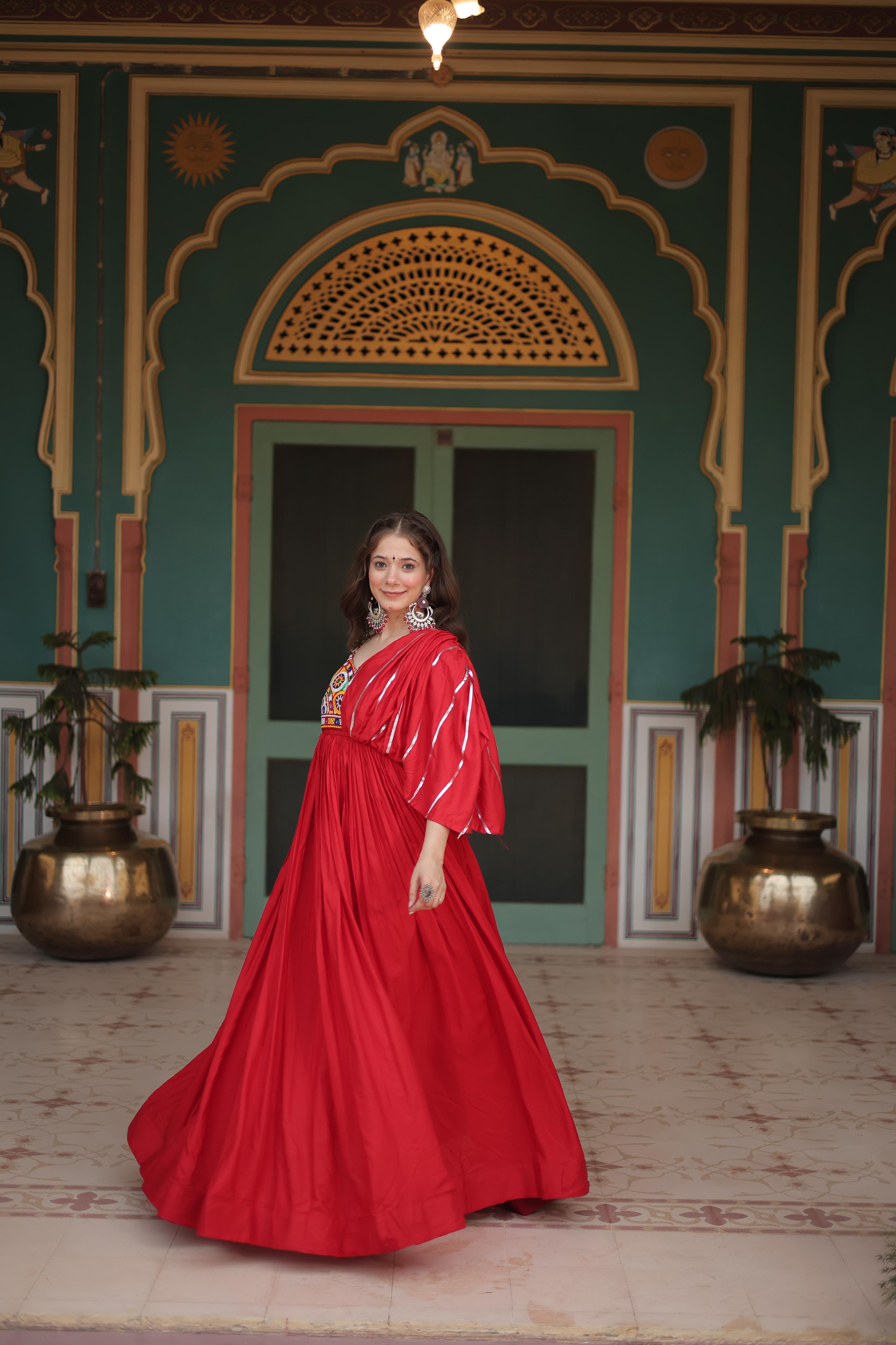 Lorenvalley Red Rayon Fabric with Designer Lace Gown - Distacart