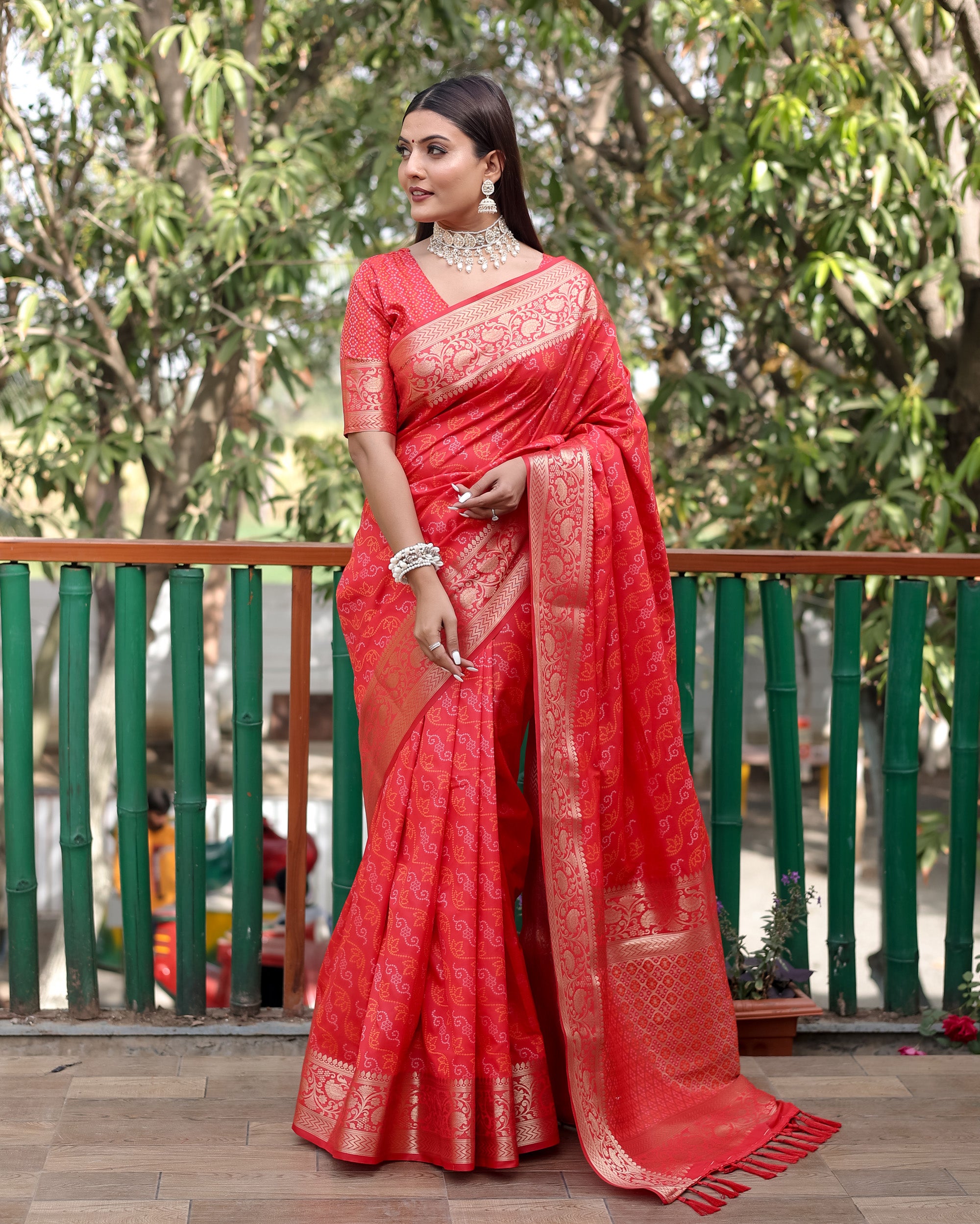 Lorenvalley Premium Bandhej Patola Silk Sarees with kanchi Borders and Contrast Zari Weaving borders Saree - Red - Distacart