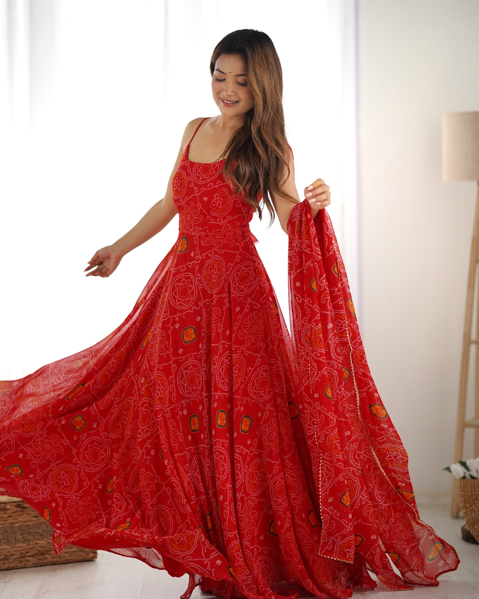 Lorenvalley Fashion Red Soft Chiffon Bandhej Fabric Print Fully Flair Anarkali With Pant Dupatta Set - Distacart