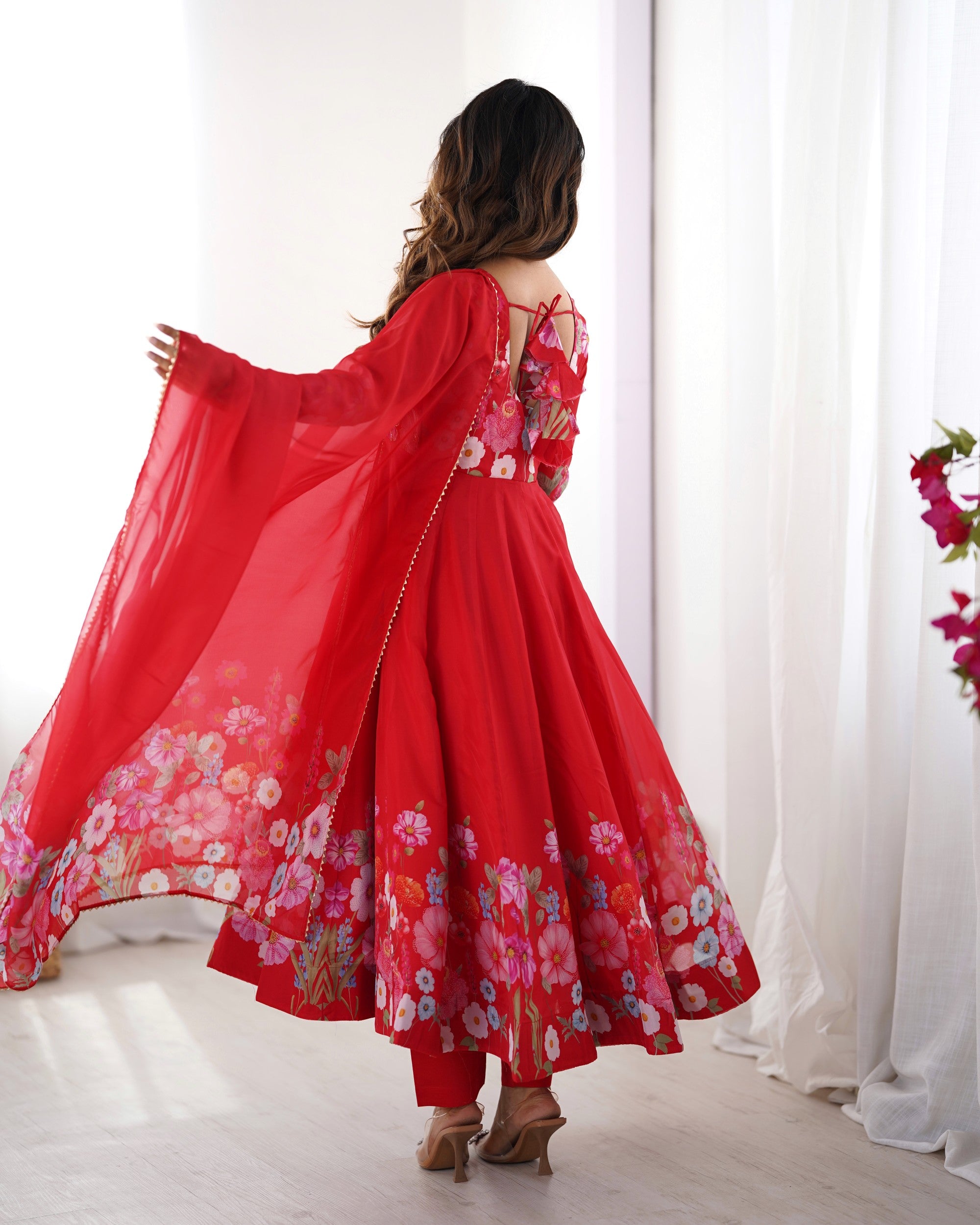 Lorenvalley Fashion Red Soft Organza Silk With Floral Print Fully Flared Anarkali Pant With Dupatta Set - Distacart