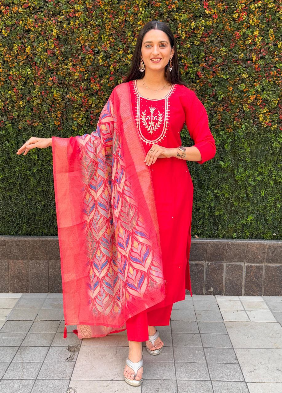 Lorenvalley Fashion Red Roman Silk Hand Work Kurta Pant with Dupatta
