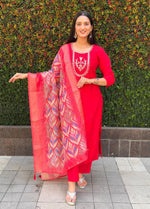 Thumbnail for Lorenvalley Fashion Red Roman Silk Hand Work Kurta Pant with Dupatta