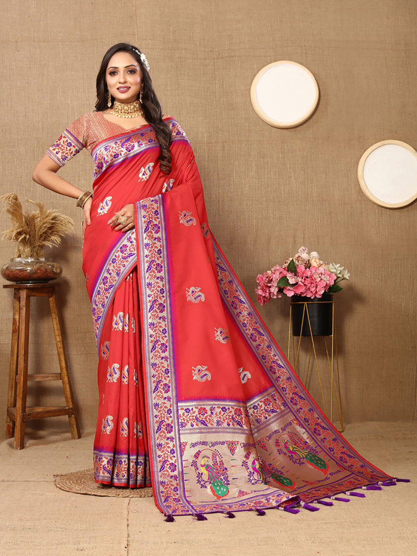 Lorenvalley Fashion Red Soft Paithani Silk Woven Design Rich Meenakari Zari Weaving Pallu Saree - Distacart
