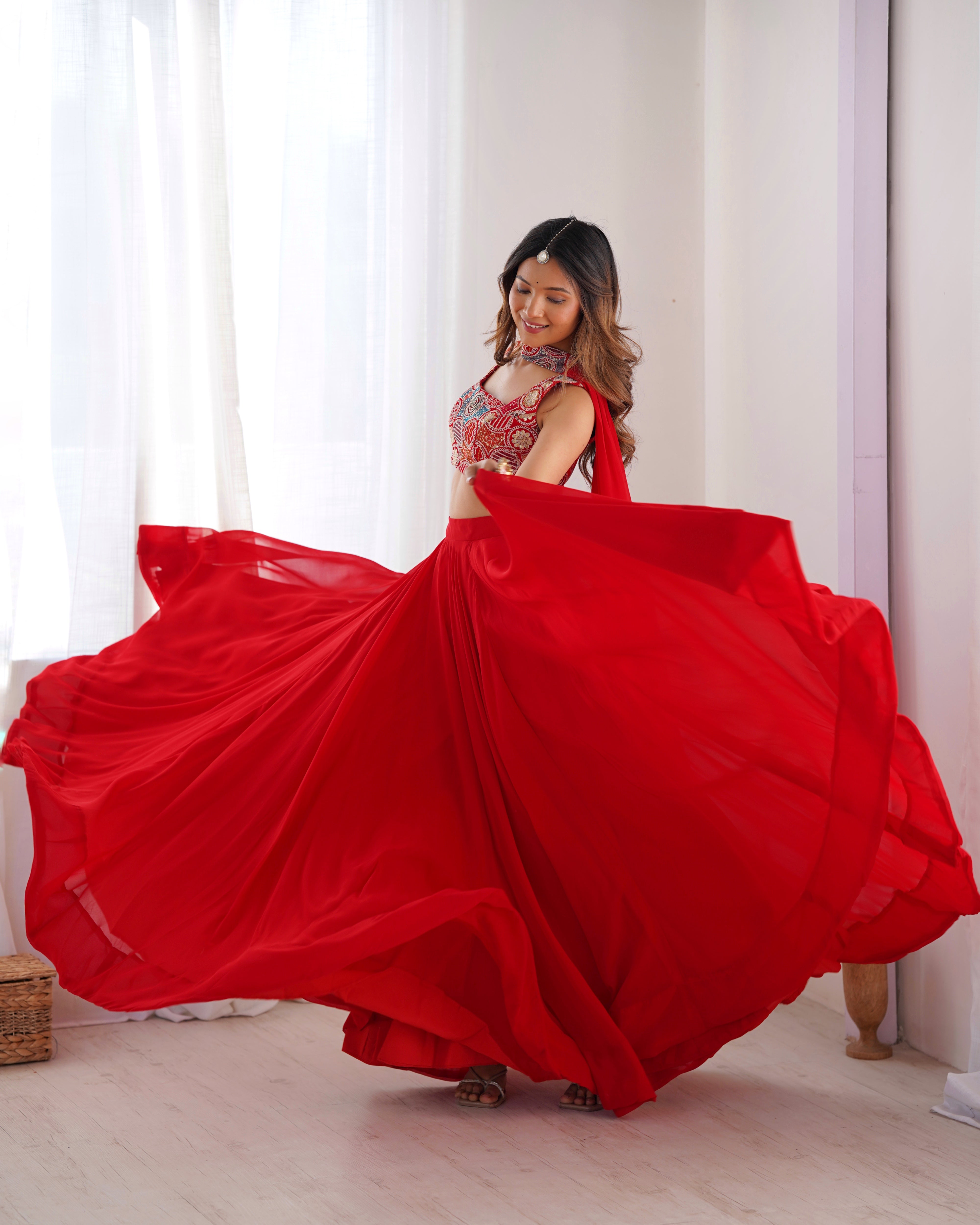 Lorenvalley Red Faux Georgette Stitched Lehenga Embroidery Blouse with Dupatta - Distacart