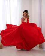 Thumbnail for Lorenvalley Red Faux Georgette Stitched Lehenga Embroidery Blouse with Dupatta - Distacart