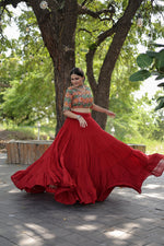 Thumbnail for Lorenvalley Red Premium Rayon Lehenga with Georgette Embroidered Traditional Thread work Choli - Distacart
