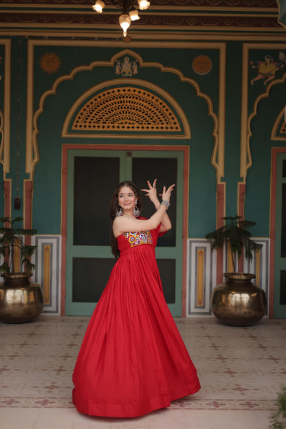 Lorenvalley Red Rayon Fabric with Designer Lace Gown - Distacart