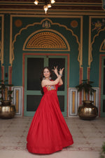 Thumbnail for Lorenvalley Red Rayon Fabric with Designer Lace Gown - Distacart