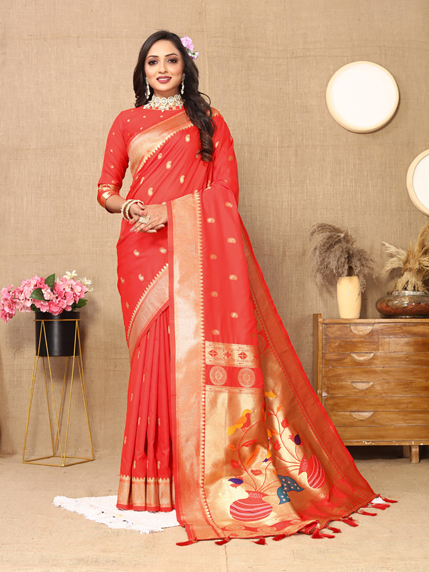 Lorenvalley Fashion Red Soft Paithani Silk Woven Design Rich Zari Meenakari Weaving Saree - Distacart