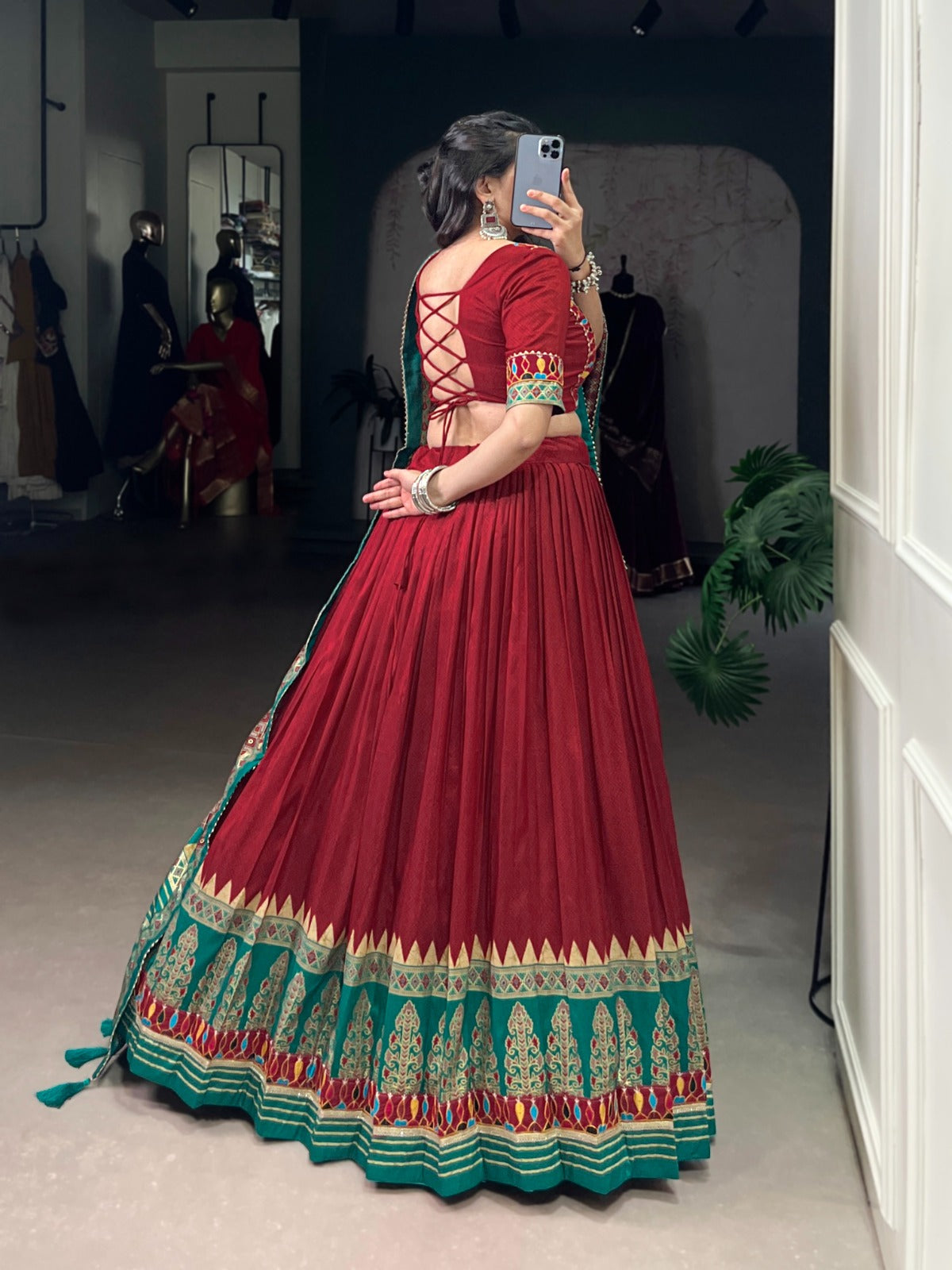Lorenvalley Fashion Red Tasar Silk Print with Foil Work and Real Mirror Gamthi Work with Lace Touch Up Lehenga Choli with Dupatta - Distacart
