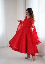 Thumbnail for Lorenvalley Fashion Red Faux Georgette Lukhnowi Sequence Work Anarkali Kurta Pant With Dupatta Set