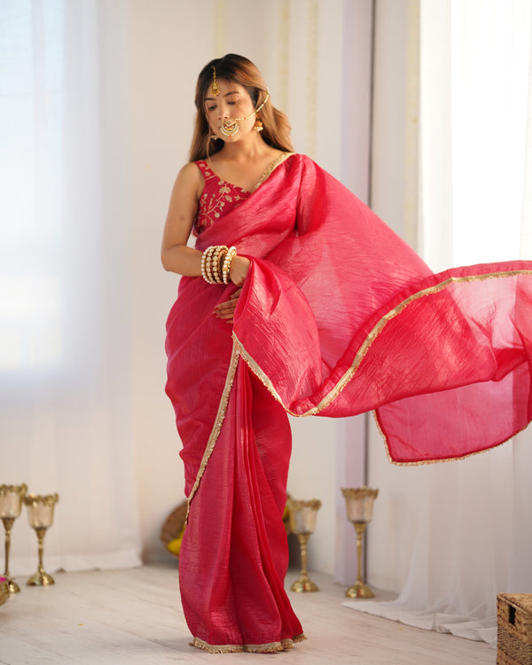 Lorenvalley Ready to wear Crush Tissue Silk Fabric Fancy Boarder Premium Lace Work Predrapped Saree - Red