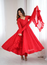 Thumbnail for Lorenvalley Fashion Red Faux Georgette Lukhnowi Sequence Work Anarkali Kurta Pant With Dupatta Set