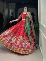 Thumbnail for Lorenvalley Red Dola Silk Patola Print With Gamthi Work Lace Border Lehenga Choli with Dupatta - Distacart