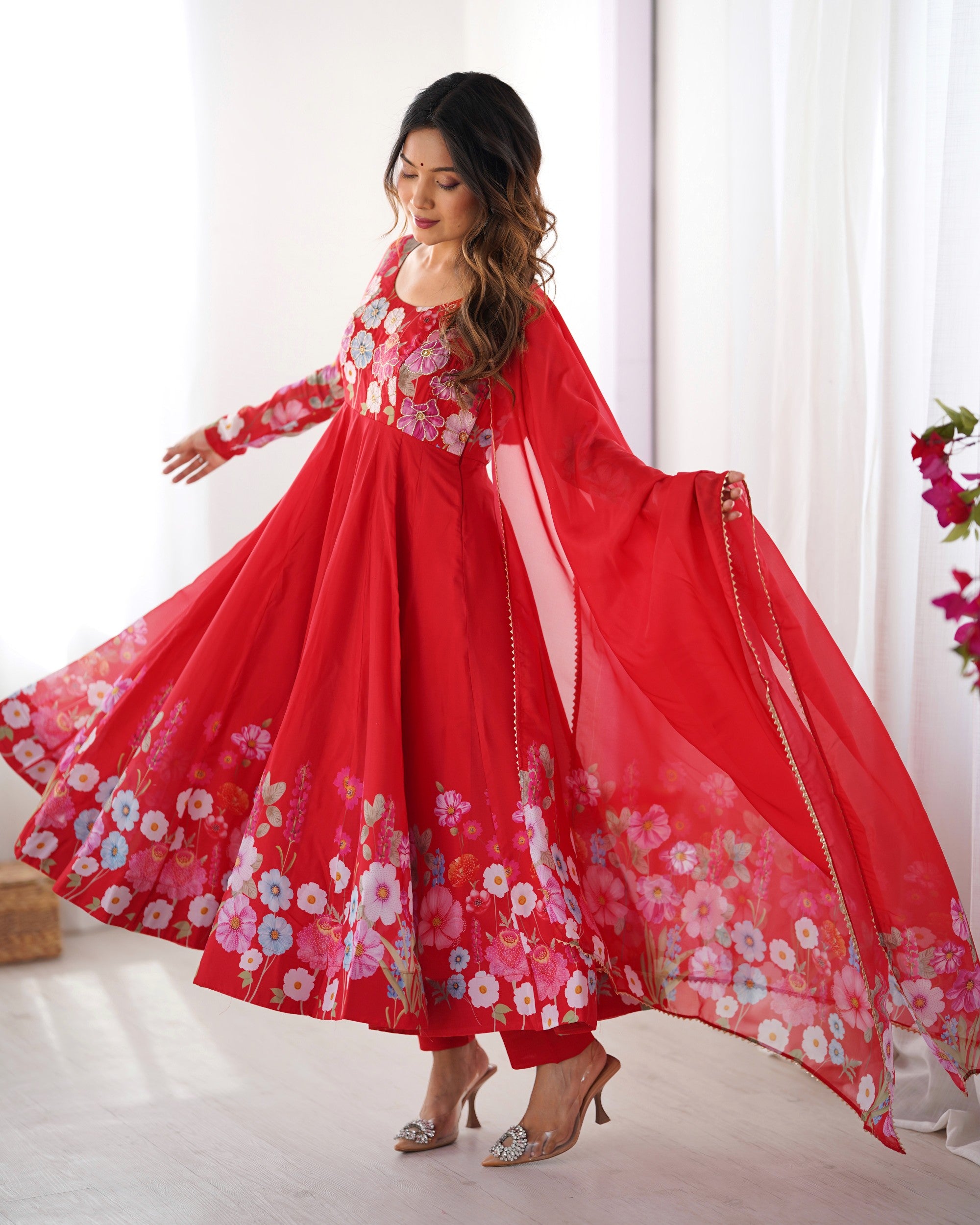 Lorenvalley Fashion Red Soft Organza Silk With Floral Print Fully Flared Anarkali Pant With Dupatta Set - Distacart