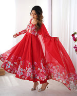Thumbnail for Lorenvalley Fashion Red Soft Organza Silk With Floral Print Fully Flared Anarkali Pant With Dupatta Set - Distacart