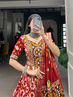 Thumbnail for Lorenvalley Red Tussar Silk Patola Print With Foil Work And Original Mirror Gamthi Lace Lehenga Choli with Dupatta - Distacart