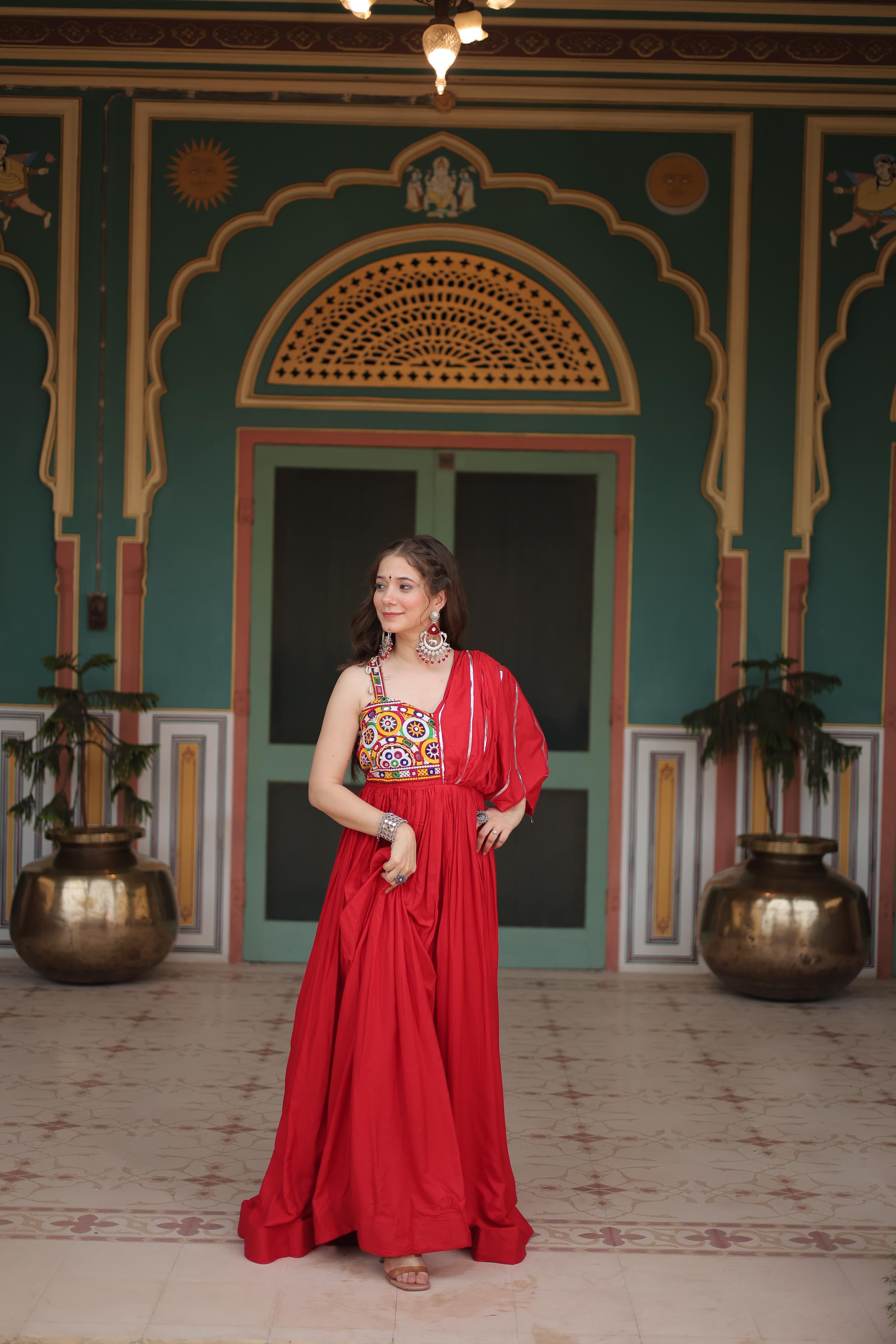Lorenvalley Red Rayon Fabric with Designer Lace Gown - Distacart
