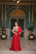 Thumbnail for Lorenvalley Red Rayon Fabric with Designer Lace Gown - Distacart