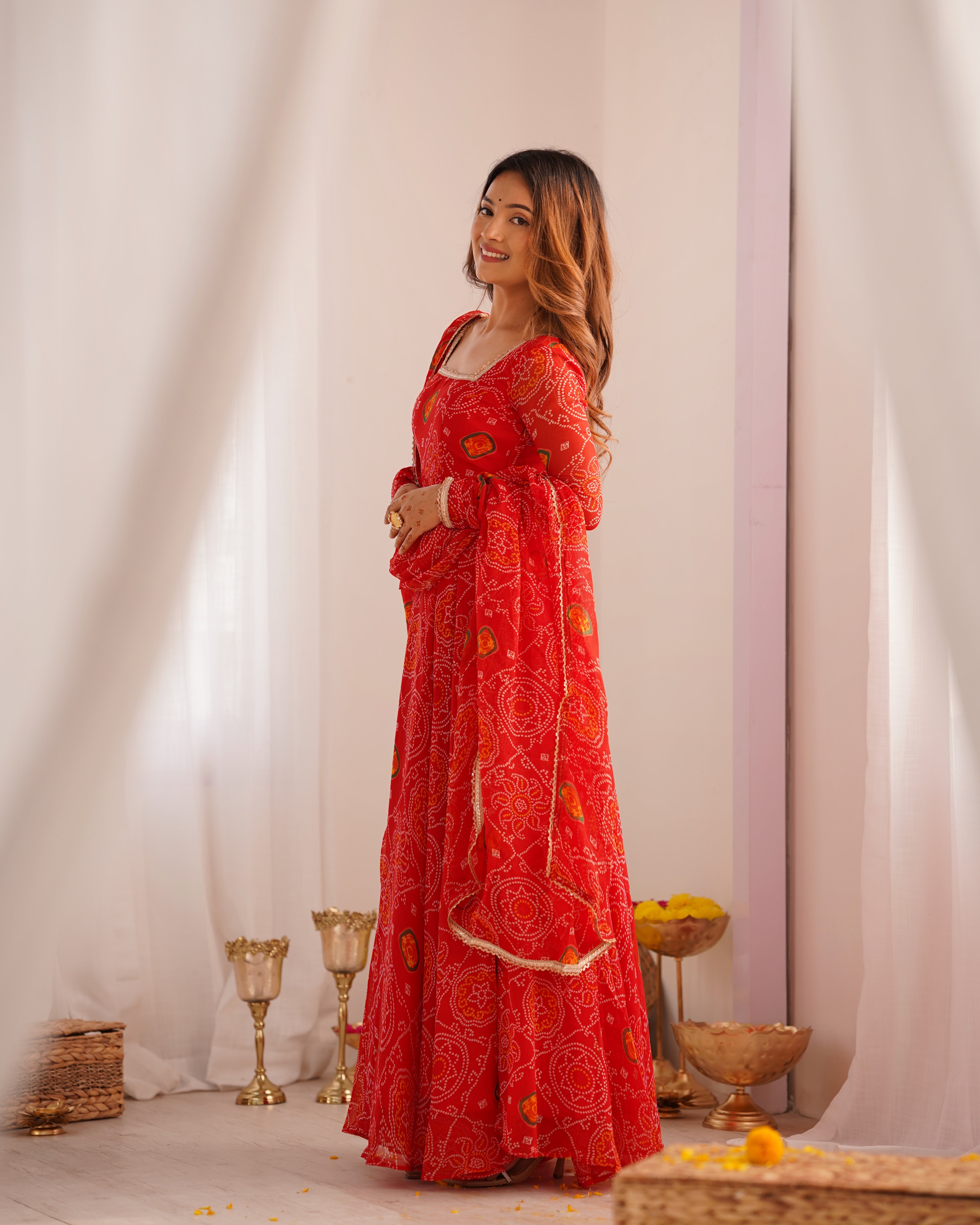 Lorenvalley Women Soft Lightweight Chiffon Bandhej Print Fabric Anarkali Kurta Pant With Dupatta Set - Distacart