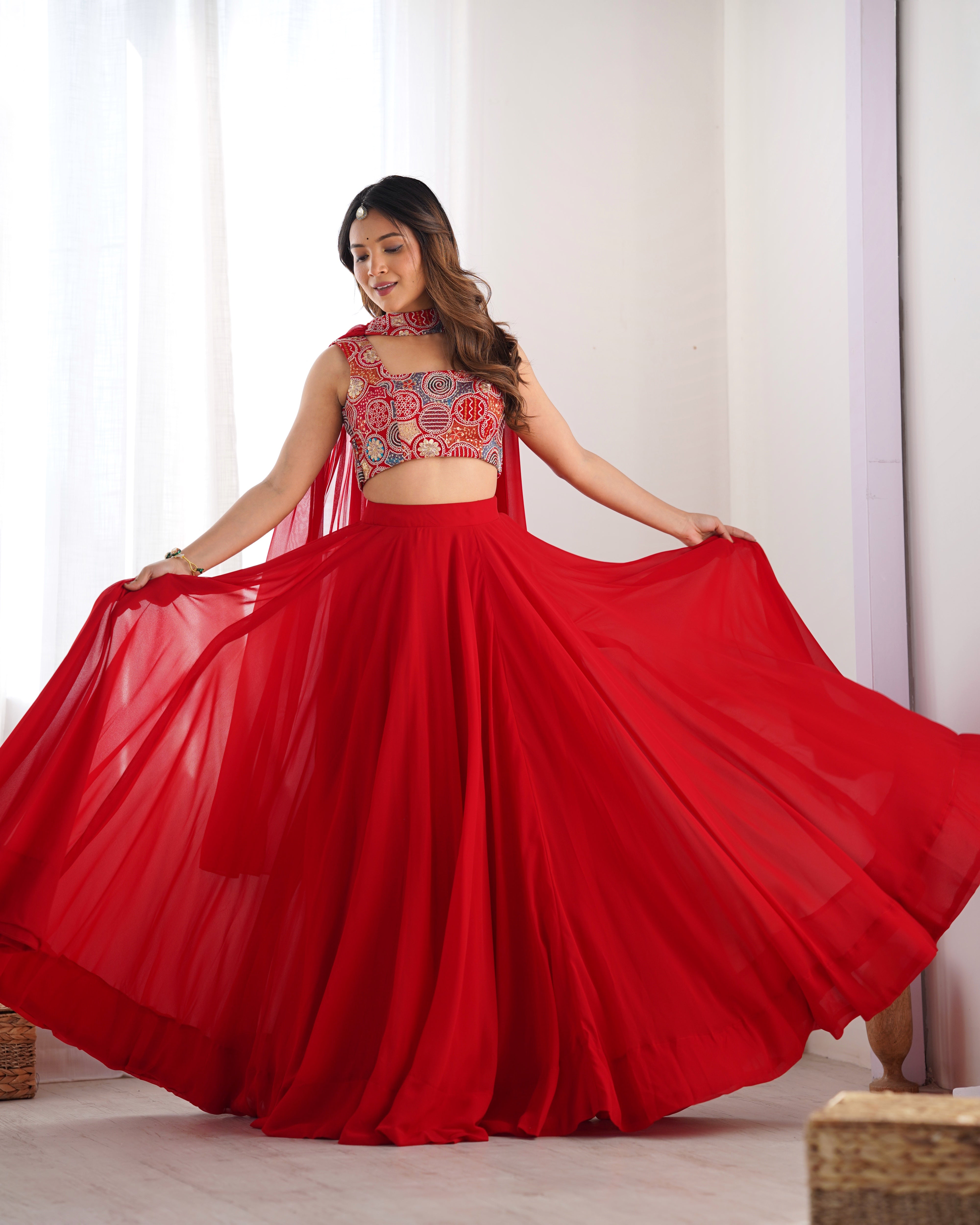 Lorenvalley Red Faux Georgette Stitched Lehenga Embroidery Blouse with Dupatta - Distacart