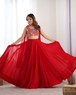 Thumbnail for Lorenvalley Red Faux Georgette Stitched Lehenga Embroidery Blouse with Dupatta - Distacart