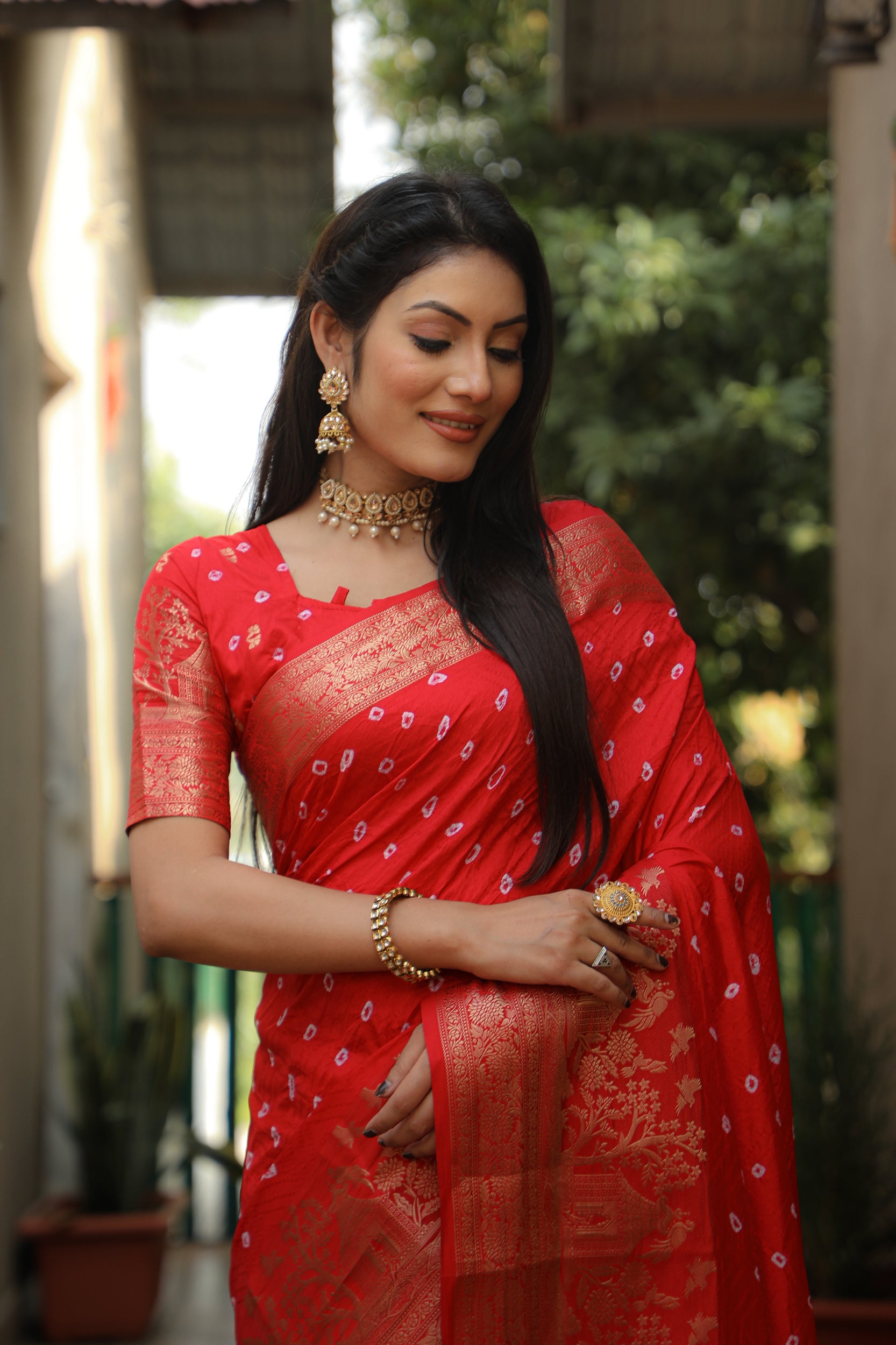 Lorenvalley Premium Pure Handmade Bandhej Kanjivaram silk saree with Zari Weaving Rich Pallu saree - Red - Distacart