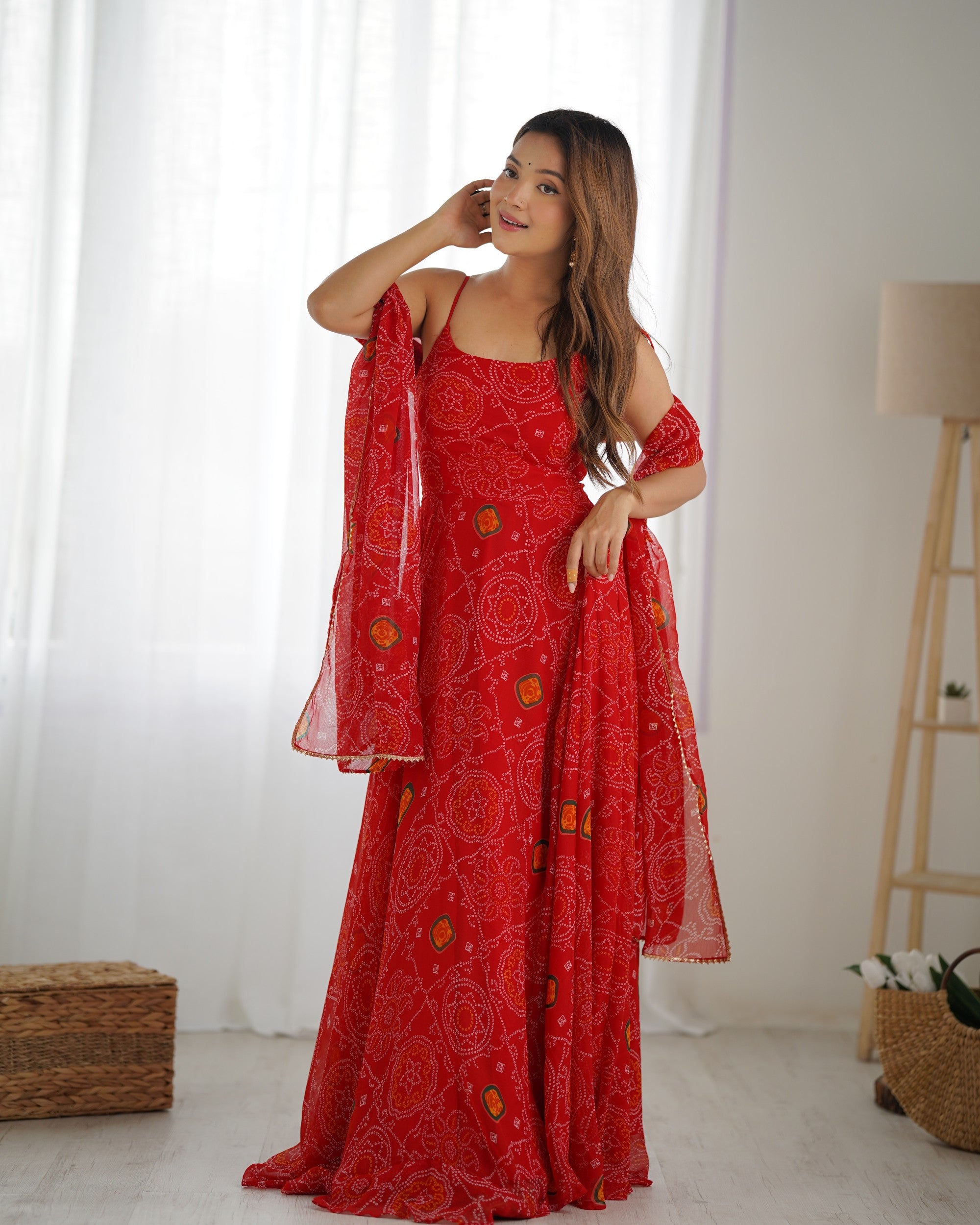 Lorenvalley Fashion Red Soft Chiffon Bandhej Fabric Print Fully Flair Anarkali With Pant Dupatta Set - Distacart