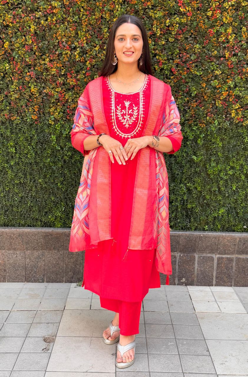 Lorenvalley Fashion Red Roman Silk Hand Work Kurta Pant with Dupatta