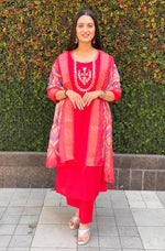Thumbnail for Lorenvalley Fashion Red Roman Silk Hand Work Kurta Pant with Dupatta