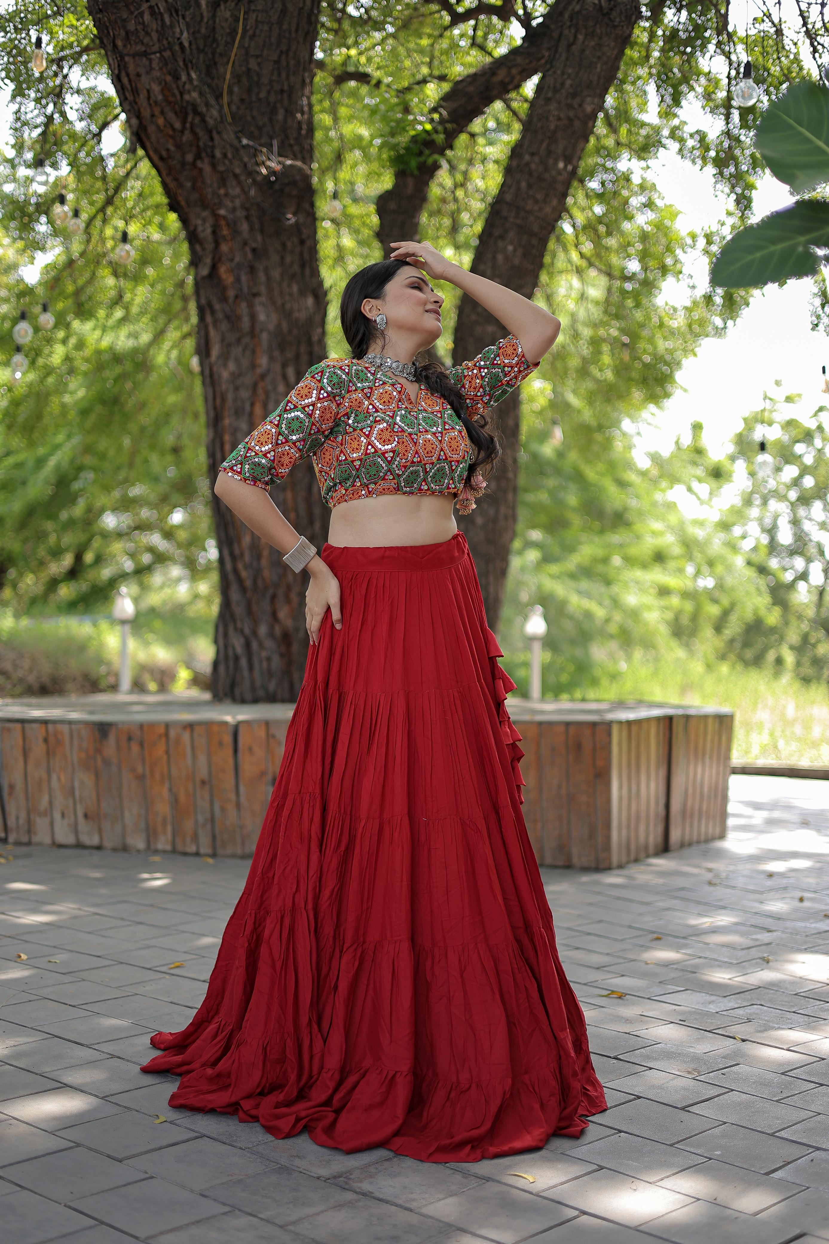 Lorenvalley Red Premium Rayon Lehenga with Georgette Embroidered Traditional Thread work Choli - Distacart