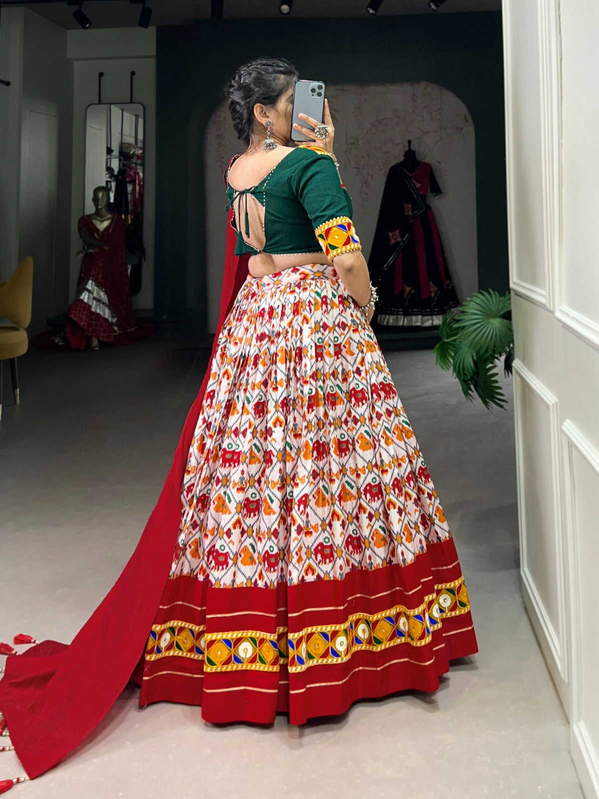Lorenvalley Red Dola Silk and Cotton with Patola Print With Foil Work And Original Mirror Gamthi Lace Lehenga Choli - Distacart