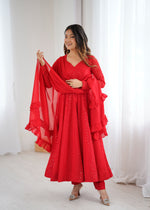 Thumbnail for Lorenvalley Fashion Red Faux Georgette Lukhnowi Sequence Work Anarkali Kurta Pant With Dupatta Set