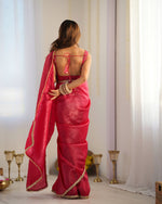 Thumbnail for Lorenvalley Ready to wear Crush Tissue Silk Fabric Fancy Boarder Premium Lace Work Predrapped Saree - Red