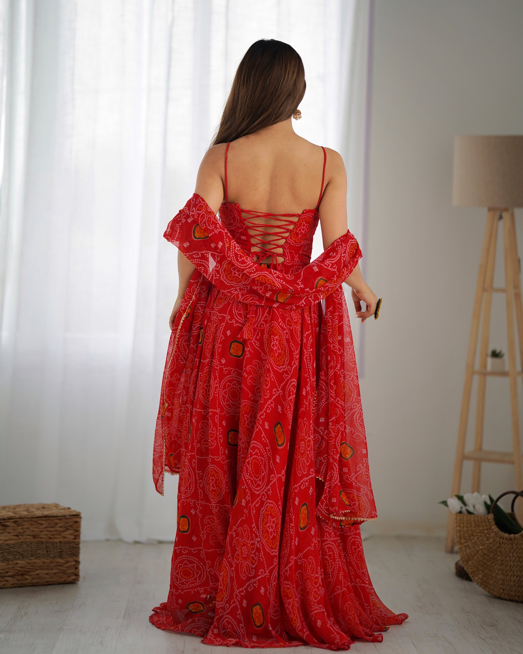 Lorenvalley Fashion Red Soft Chiffon Bandhej Fabric Print Fully Flair Anarkali With Pant Dupatta Set - Distacart
