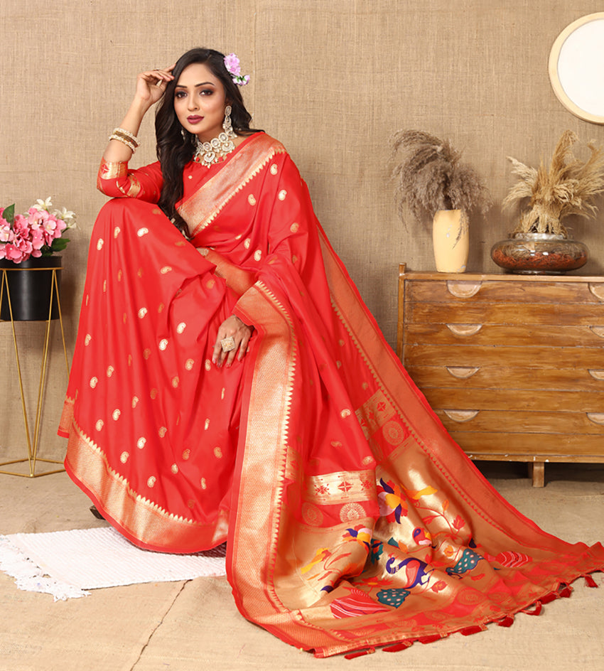 Lorenvalley Fashion Red Soft Paithani Silk Woven Design Rich Zari Meenakari Weaving Saree - Distacart