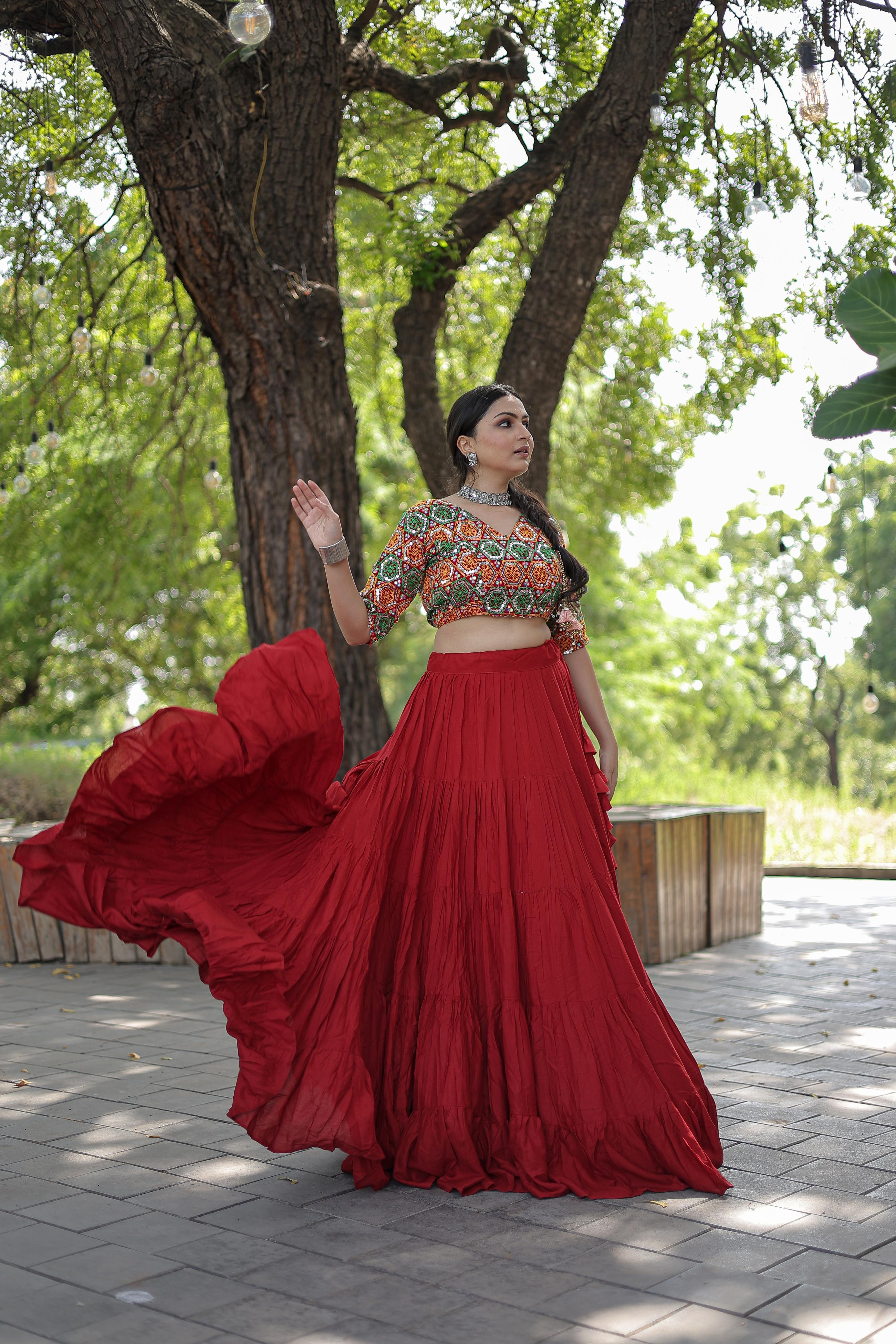 Lorenvalley Red Premium Rayon Lehenga with Georgette Embroidered Traditional Thread work Choli - Distacart