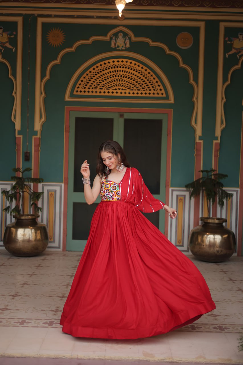 Lorenvalley Red Rayon Fabric with Designer Lace Gown - Distacart