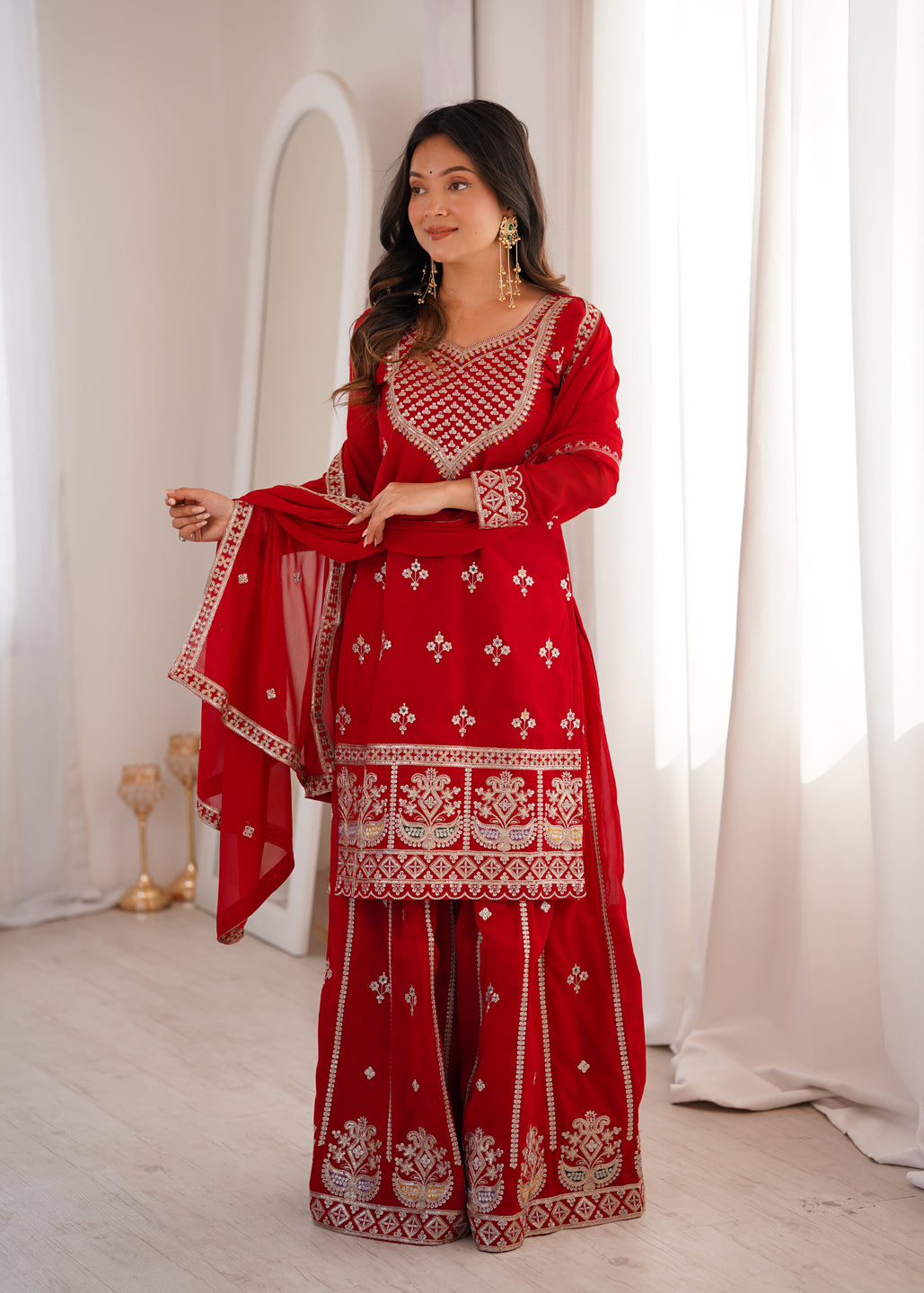 Evanik Red Faux Georgette Embroidery Dori, Sequence And Thread Work Kurta Palazzo With Dupatta - Dista