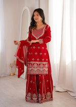 Thumbnail for Evanik Red Faux Georgette Embroidery Dori, Sequence And Thread Work Kurta Palazzo With Dupatta - Dista
