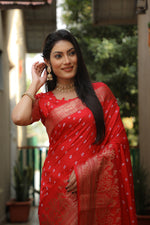 Thumbnail for Lorenvalley Premium Pure Handmade Bandhej Kanjivaram silk saree with Zari Weaving Rich Pallu saree - Red - Distacart