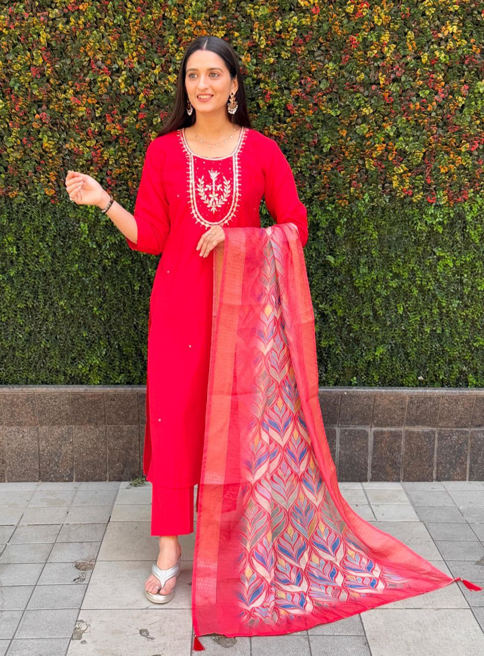 Lorenvalley Fashion Red Roman Silk Hand Work Kurta Pant with Dupatta