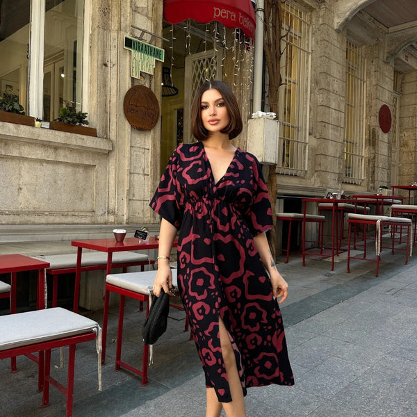 Pimu Front Slit Midi Dresses V-neck Designs For Women Party Wear - Pink