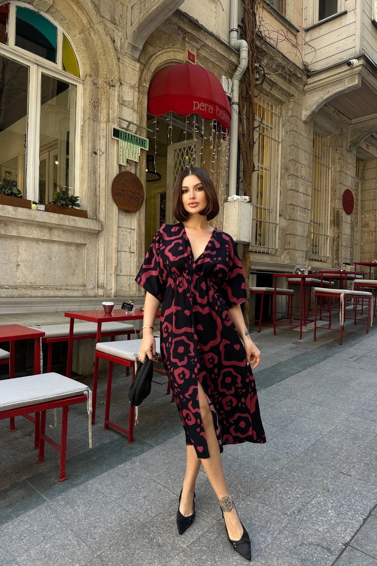 Pimu Front Slit Midi Dresses V-neck Designs For Women Party Wear - Pink