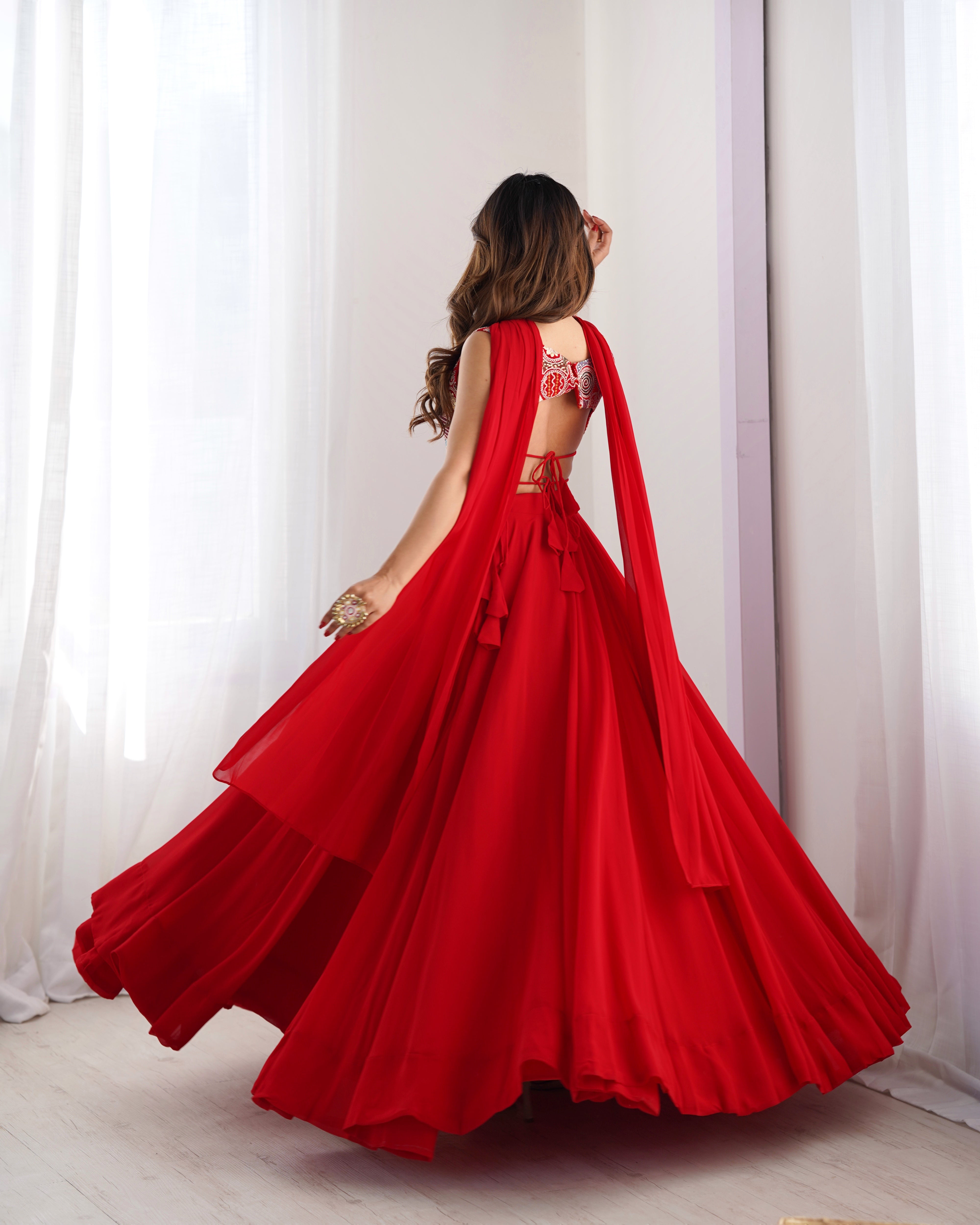 Lorenvalley Red Faux Georgette Stitched Lehenga Embroidery Blouse with Dupatta - Distacart