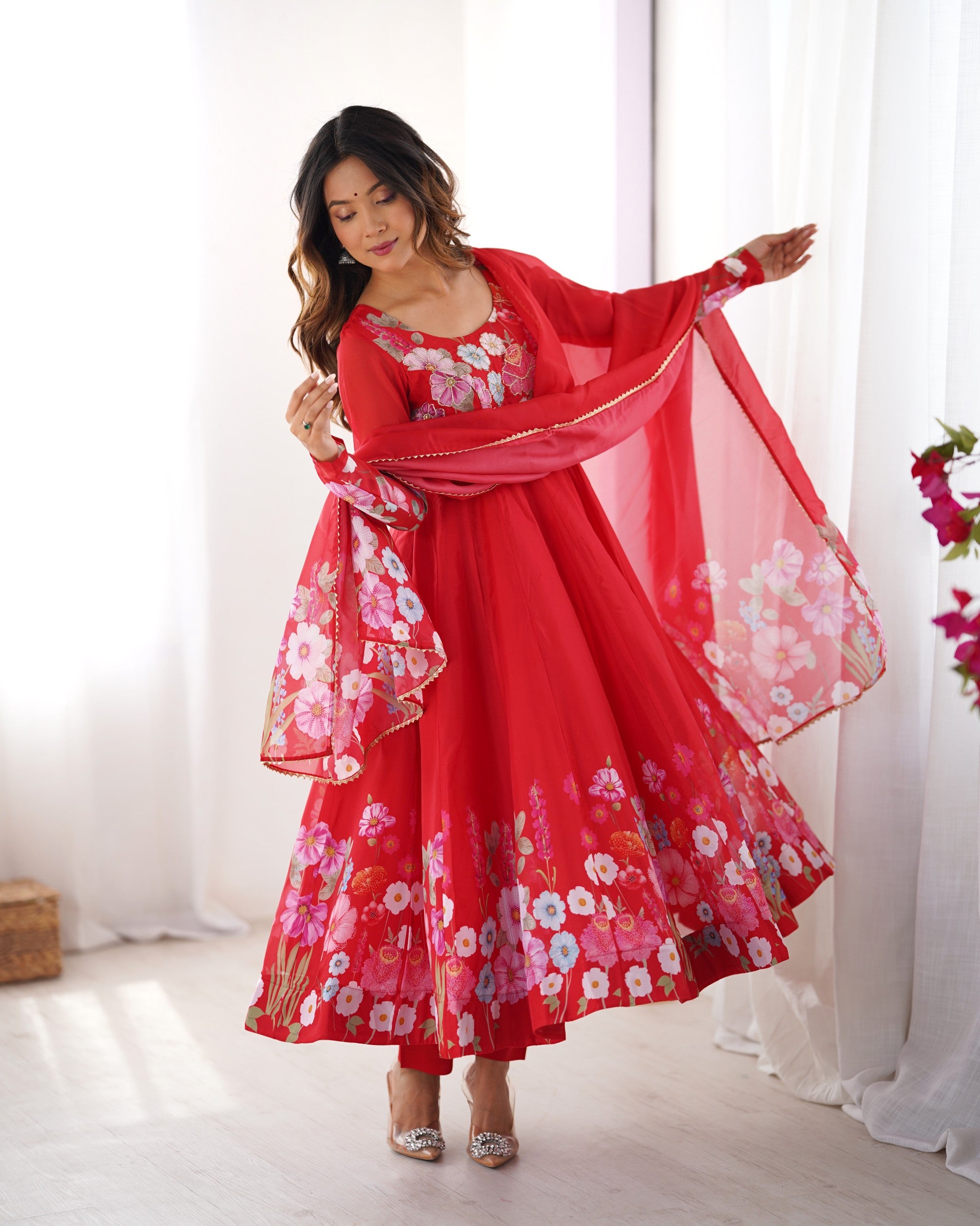 Lorenvalley Fashion Red Soft Organza Silk With Floral Print Fully Flared Anarkali Pant With Dupatta Set - Distacart