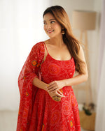 Thumbnail for Lorenvalley Fashion Red Soft Chiffon Bandhej Fabric Print Fully Flair Anarkali With Pant Dupatta Set - Distacart